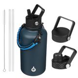 BJPKPK Halve gallon geïsoleerde waterflessen met rietdeksel, 64 oz groot, roestvrijstalen waterflessen met 3 deksels en paracordhandvat voor warme en koude vloeistof, marineblauw