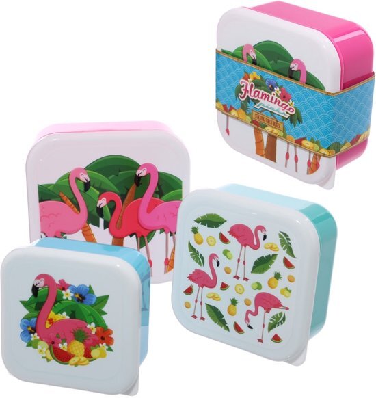 Puckator Set van 3 koekdoosjes met afbeelding flamingo . Brooddoos/ vershouddoos