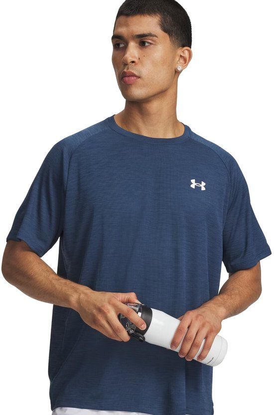 Under Armour UA Tech Textured SS Heren Sportshirt - Wham Blauw - Wit