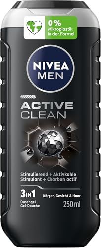 NIVEA MEN Active Clean Douchegel, pH-huidneutrale verzorgende douchegel voor mannen met stimulerende geur, formule met actieve kool voor lichaam, gezicht en haar (250 ml)