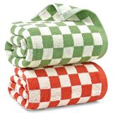 Geruite badhanddoeken voor badkamer, set van 2 douchehanddoeken 140 x 69 cm, super absorberend en sneldrogend (oranje + groen)