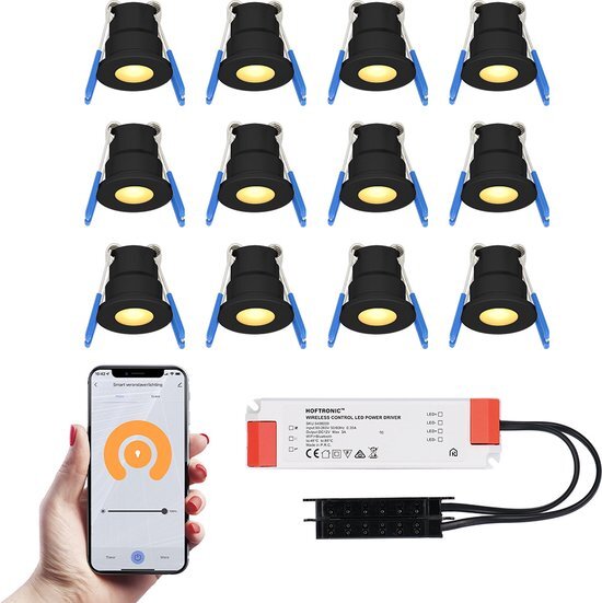 HOFTRONIC SMART 12x Milano zwarte Smart LED Inbouwspots complete set - Wifi & Bluetooth - 12V - 3 Watt - 2700K warm wit - Veranda verlichting - Voor binnen en buiten