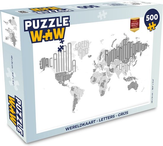 MuchoWow Puzzel Wereldkaart - Letters - Grijs - Legpuzzel - Puzzel 500 stukjes