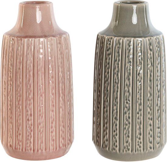 Vaas Home ESPRIT Grijs Roze Porselein 15 x 15 x 31 cm (2 Stuks)