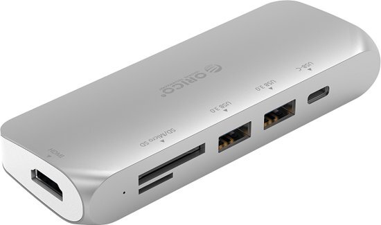 Orico - Multifunctionele aluminium USB3.0 Type-C hub - Power Delivery - 4K HDMI - 2 x USB3.0 Type-A - SD/TF kaartlezer - zilver