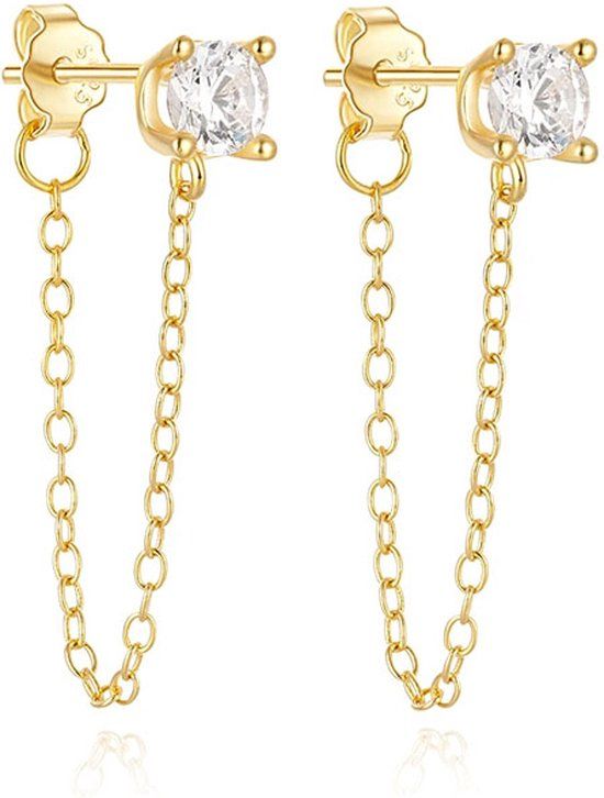 Elenza AMS Elenza Sterling Zilveren Oorbellen met Ketting en Zirkonia - Goudkleurig