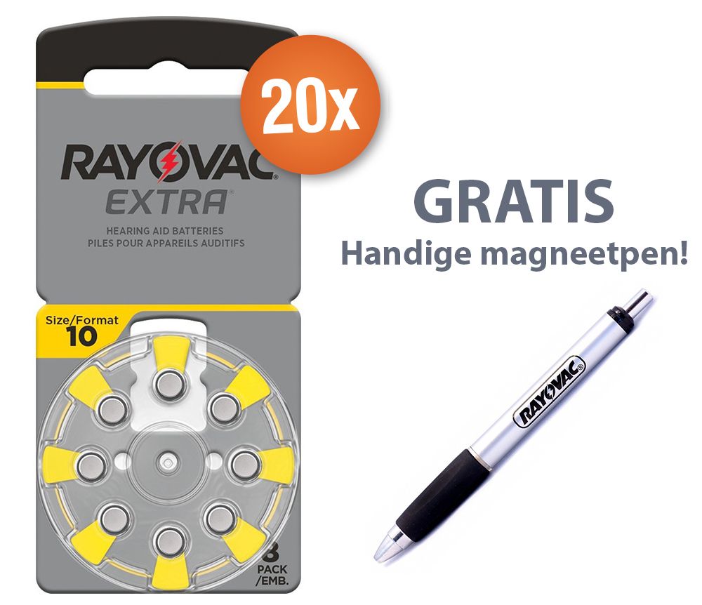 Voordeelpak Rayovac gehoorapparaat batterijen - Type 10 (geel) - 160 stuks + gratis batterijpen