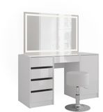 Vicco Sherry Kaptafel set met kruk – 128.2 cm met LED-spiegel en kruk Wit/wit hoogglans