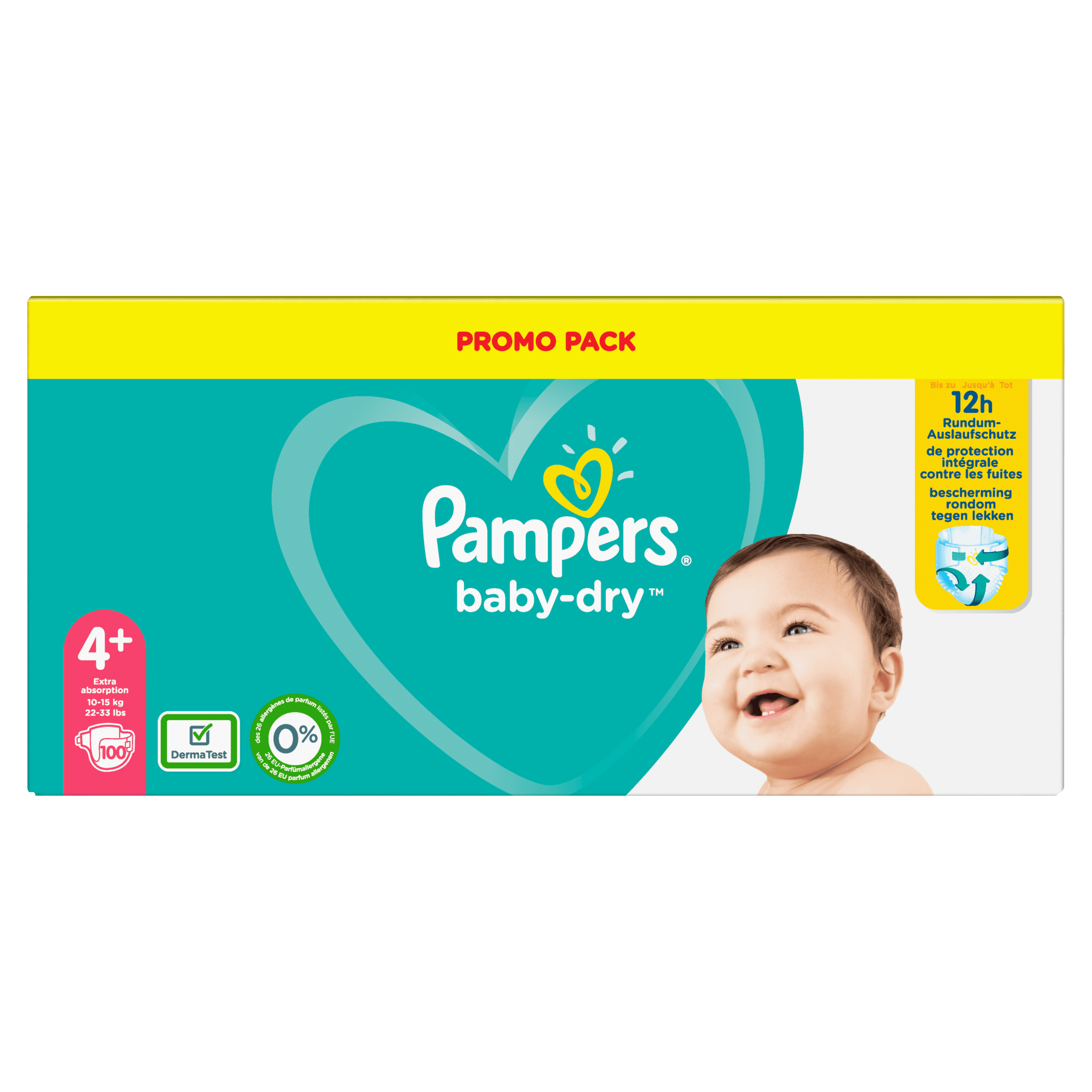 Pampers Baby-Dry Maat 4+, 100 Luiers, Tot 12 Uur Bescherming, 10-15kg