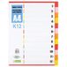 D.RECT Register A4, K12, 12 tabbladen, ringverdelers, tabbladen met cijfers gedrukt 1-12, meerkleurig, kleurverdelers van karton