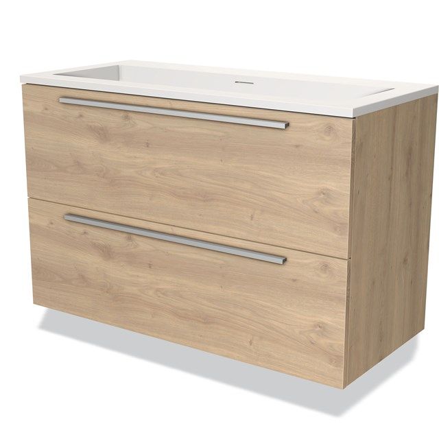 Maxaro Badkamermeubel 100cm Modulo Lichtbruin Eiken 2 Lades Vlak Wastafel Solid Surface