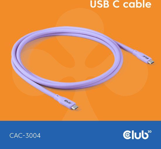 Club3D USB-C oplaadkabel paars siliconen & tangle-free 2m