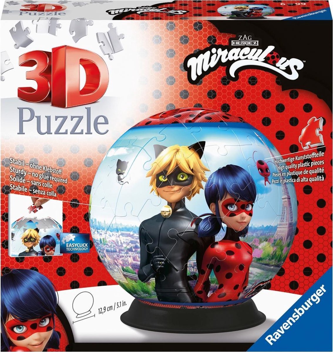 Ravensburger 3D Puzzle 11167 - Puzzle-Ball Miraculous - 72 Teile - Puzzle-Ball für Erwachsene und Kinder ab 6 Jahren