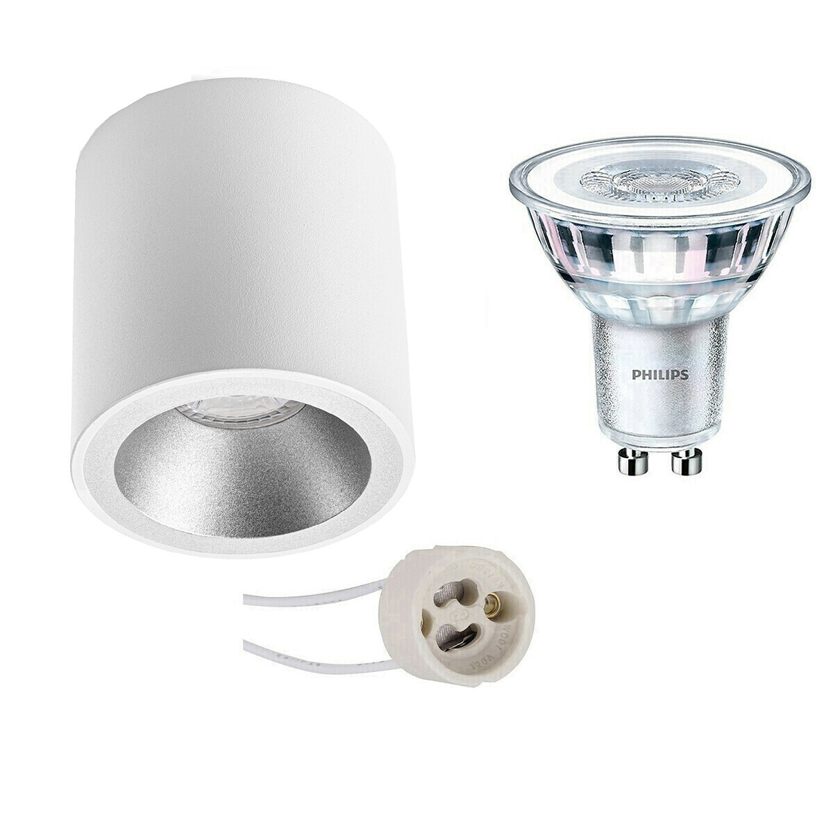 BES LED Opbouwspot Set - Pragmi Cliron Pro - GU10 Fitting - Opbouw Rond - Mat Wit/Zilver - Verdiept - Ø90mm - Philips - CorePro 830 36D - 3.5W - Warm Wit 3000K