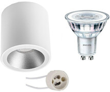 BES LED Opbouwspot Set - Pragmi Cliron Pro - GU10 Fitting - Opbouw Rond - Mat Wit/Zilver - Verdiept - Ø90mm - Philips - CorePro 830 36D - 3.5W - Warm Wit 3000K