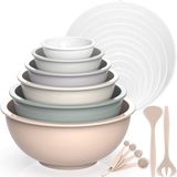 Sans marque Bol mélangeur, set de 6, bol à salade en plastique Nist avec couvercle, bol avec couvercle, incluant 2 fourchettes et 4 cuillères à mesurer, sans BPA et empilable, idéal pour mélanger et servir (kaki, 18 cm, 1 L)