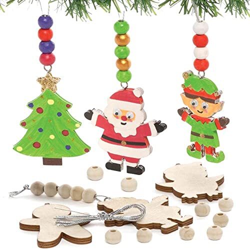 Baker Ross FC194 Kerstpakketten met houten kralen - Pak van 6, houtwerk voor kinderen om te versieren en weer te geven, maak je eigen decoraties voor kinderen