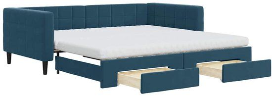 vidaXL Slaapbank met onderschuifbed en lades 100x200 cm fluweel blauw