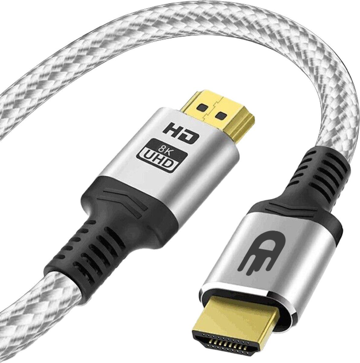 Drivv. HDMI Kabel 2.1 - Ultra HD High Speed - HDMI naar HDMI - Geschikt voor gameconsoles - 2 meter - Nylon - Zilver Wit