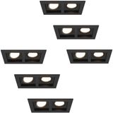 HOFTRONIC Set van 6 Fresno Dubbele Inbouwspots - Rechthoek - 2x GU10 - 4000K Neutraal wit - 10 Watt 800 lumen - Kantelbaar - IP20 stofdicht - Zwart