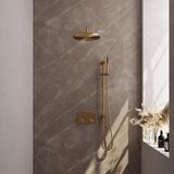 Brauer Gold Carving Thermostatische Regendoucheset Inbouw - Hoofddouche 30 cm - Gebogen Wandarm - Met Drukknoppen - Handdouche Staaf - Doucheslang - Geintegreerde Glijstang - Geborsteld Goud