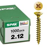 SPAX Universele schroef, 2 x 12 mm, 1000 stuks, Voldraad, Verzonken kop, Kruiskop Z1, S-punt, YELLOX - 1081020200125