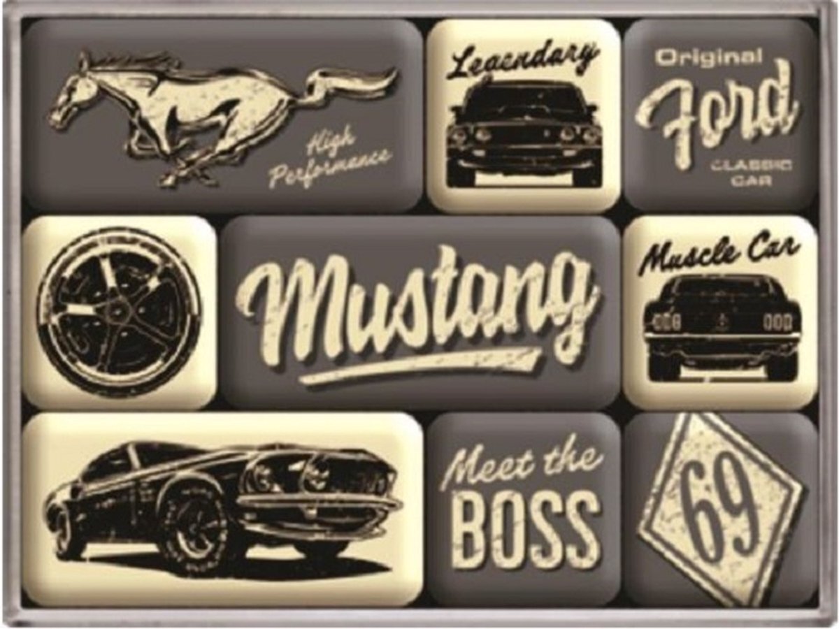 Nostalgic Art Retro koelkastmagneten, Ford Mustang – Boss – Geschenkidee voor autoliefhebbers, Magneetset voor magneetbord, Vintage design, 9 stuks