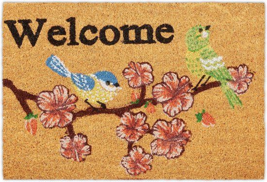 Relaxdays Deurmat - Kokos - Welcome - 40x60cm - Antislip - Vogel Print - Beige/Rood/Zwart