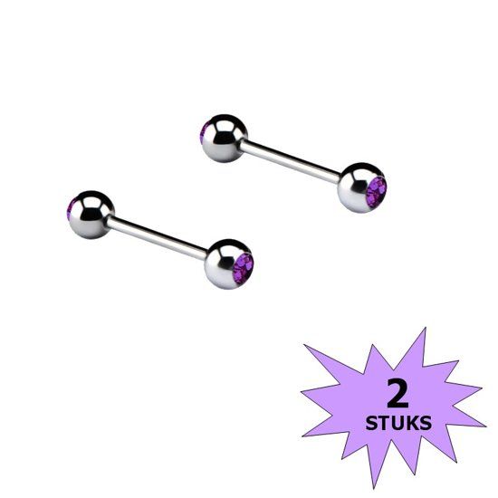 Fako Bijoux Barbell Piercing Kristal 12mm Paars 2 Stuks