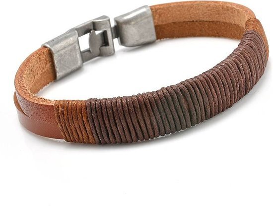 Joboly Stoere echt leren mannen / heren armband met metalen sluiting - Heren - Bruin - 20 cm