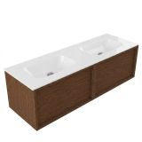 Saniclass Bois Frame Meuble de salle de bain - 140x45x41.5cm - Lavabo Flow solid surface blanc - 2 lavabos - sans trous de robinetterie - 2 tiroirs - noyer mat pur (Bois) SW1420777/SW1224151