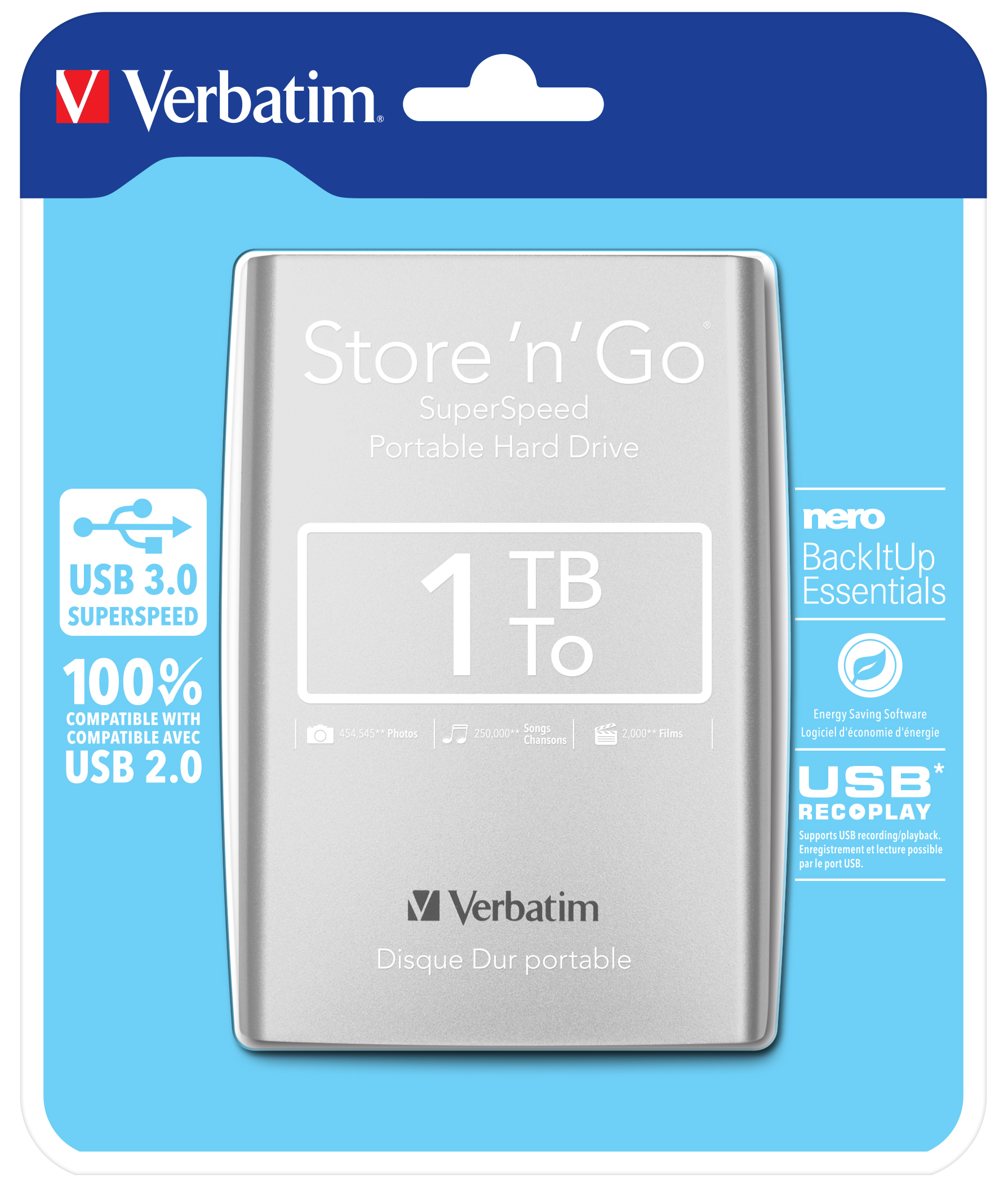 Verbatim Draagbare vaste Store 'n' Go-schijf met USB 3.0 van 1 TB Zilver