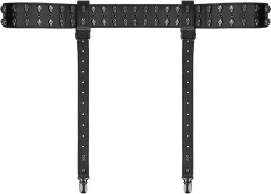 Ouch! Skulls and Bones Garter Belt with Skulls - Black Leather - One Size