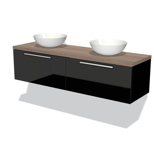 Maxaro Badkamermeubel Modulo Plato 160cm Hoogglans Zwart 2 Lades Vlak Middenbruin Eiken Blad