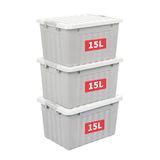 Cetomo 15L x 3 opbergdozen met deksels, plastic opbergbakken met vergrendelende gespen, kliksluiting, stapelbaar, nesten, organizer voor thuiskantoorkleding, grijs, 15L-3 Pack