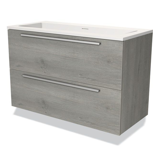 Maxaro Badkamermeubel 100cm Modulo Grijs Eiken 2 Lades Vlak Wastafel Solid Surface