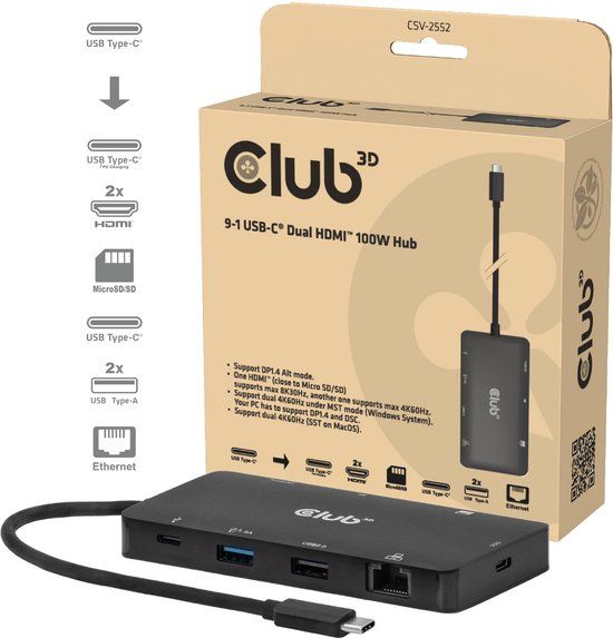 Club 3D 9-1 Dubbele HDMI™ USB-C® Hub PD3.0 100W