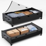 Boîtes de rangement sous le lit, set de 2, bois, transparent