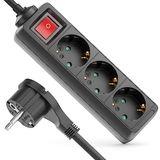 deleyCON 3-Voudige Stekkerdoos met Platte Stekker & Aan/Uit Schakelaar voor Binnengebruik 1,4m Kabel Platte Contactstekker Robuuste Kunststof Behuizing Zwart