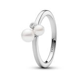Pandora Essence Behandelte Süßwasserzuchtperle & Organisch geformter Doppelband-Ring aus Sterling Silber mit vergoldeter Metalllegierung und Zirkonia, Größe: 58, 163258C01-58