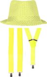 Merkloos Carnaval verkleedset Partyman - glitter hoedje en bretels - neon geel - heren - verkleedkleding