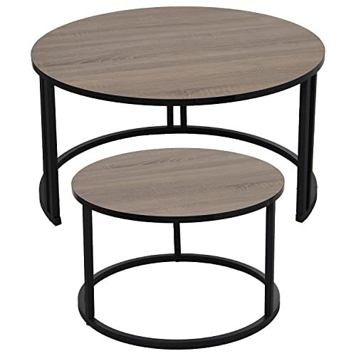 DRW Set van 2 ronde salontafels van hout en metaal, in zwart en natuur, 80 x 43 cm en 60 x 38 cm