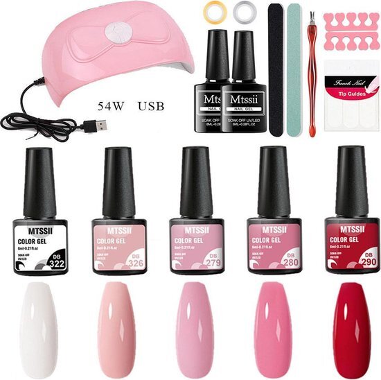 Mtssii - gelnagel kit - 5 Kleuren gelnagel - wit, roze en rood tinten- Starterkit - Manicure Set - 54 Watt UV Lamp - gel nagels starterspakket - nepnagels -