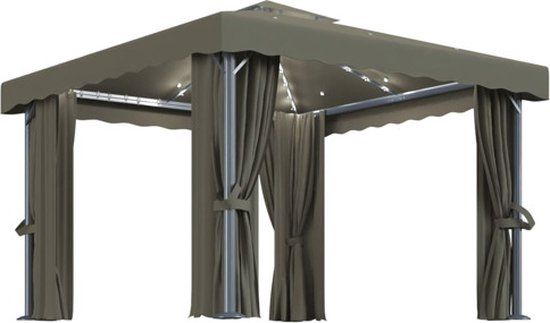 vidaXL Prieel met gordijn en LED-lichtslinger 3x3 m taupe