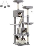 Merkloos / Sans marque Famanu Kattenkrabpaal - Kattenspeelgoed - Klimrek - Klimmen - Grijs - Gebroken wit - Sisal - Hangmat - Kattenhangmat - Huisje - Speelbal - Katten - Poezen - Kitten - Hoogte 180 CM