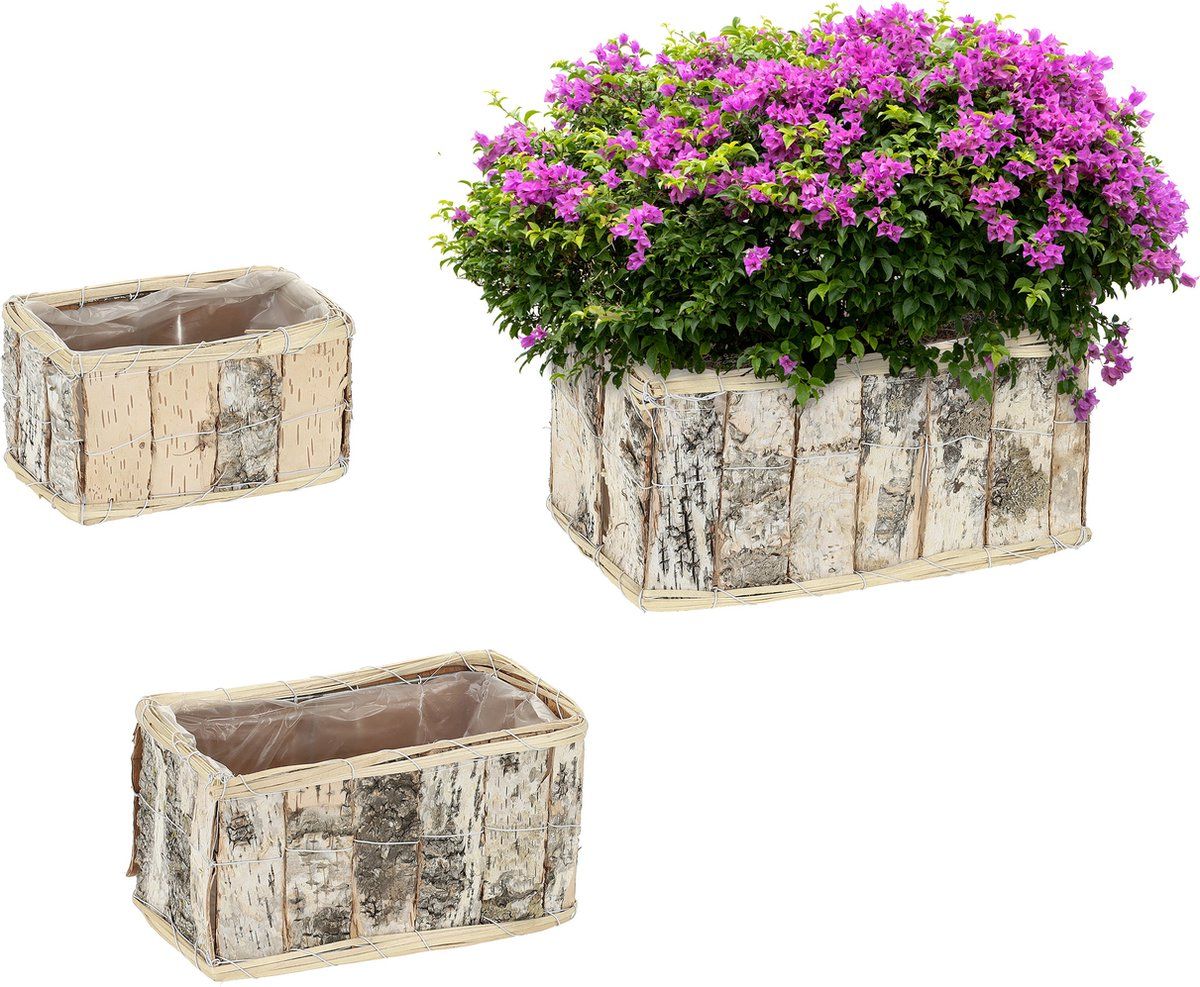 Relaxdays Plantenbak Set van 3 - Hout - Langwerpig - Wit/Naturel