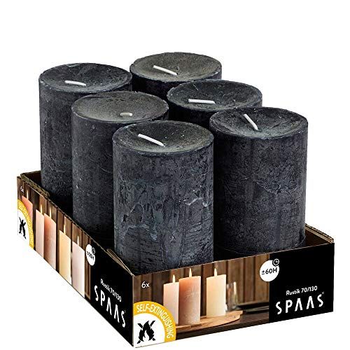 Spaas 6 Rustieke geurloze cilinderkaarsen 68/130 mm, ± 60 uur - zwart