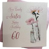 WHITE COTTON CARDS Wenskaart voor de 60e verjaardag "Happy Lovely Sister", handgemaakt, 152 cm, wit
