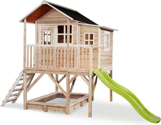 EXIT Loft 550 Houten Speelhuis - Naturel - Met Zandbak, Glijbaan & Veranda