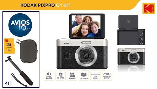Kodak C1 compact camera - kantelbaar scherm - zwart - KIT